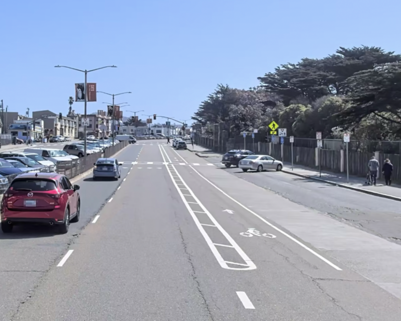 Image of Sloat Boulevard at 47th Avenue looking east with people driving and walking