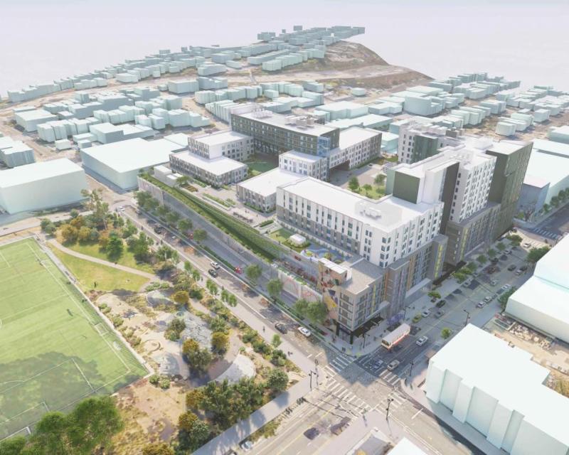 Rendering shows the Potrero Yard Modernization Project. Aerial view of a multi-unit building with green spaces and cars nearby.